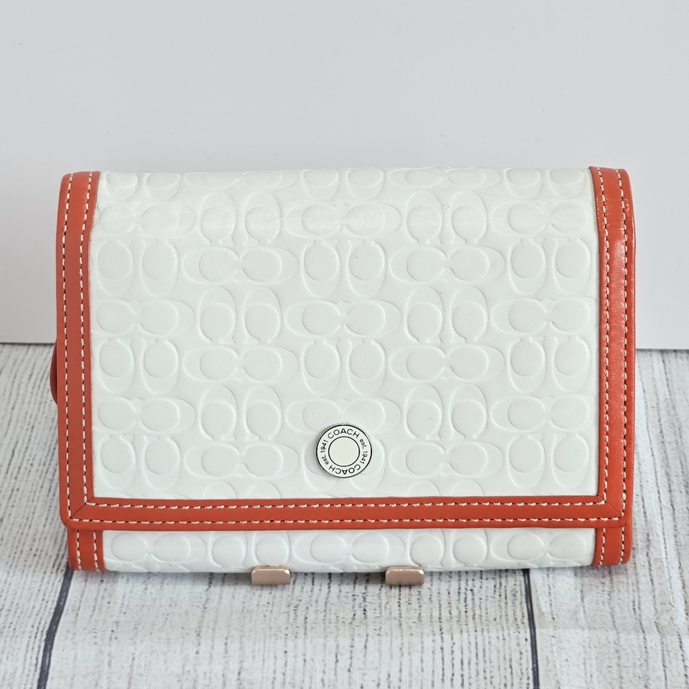 Vintage Coach White Embossed Leather Wallet with Red/Orange Trim